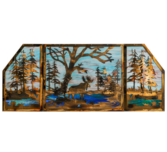 72"W X 30"H Moose At Lake 3 Panel Stained Glass Window