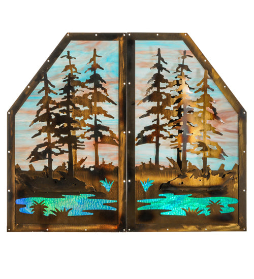 72"W X 30"H Moose At Lake 3 Panel Stained Glass Window