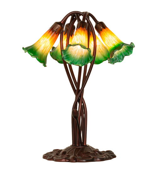 17" High Amber/Green Tiffany Pond Lily 5 Lt Accent Lamp