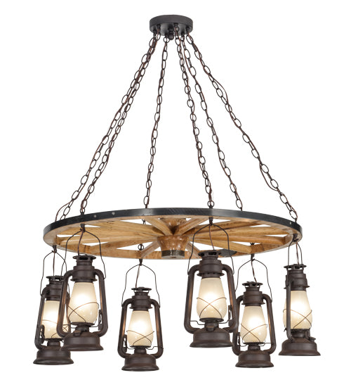 40"W Miners Lantern 6 Lt Wagon Wheel Chandelier