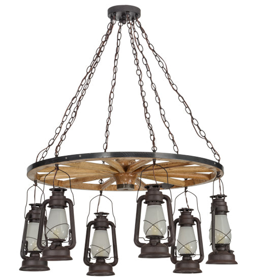 40"W Miners Lantern 6 Lt Wagon Wheel Chandelier