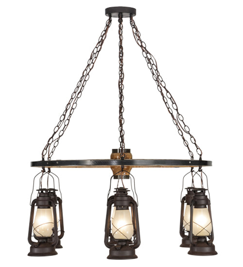 40"W Miners Lantern 6 Lt Wagon Wheel Chandelier