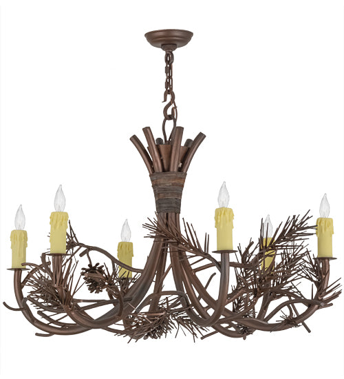 36"W Woodland Pine 6 Lt Chandelier