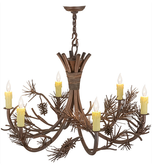 36"W Woodland Pine 6 Lt Chandelier