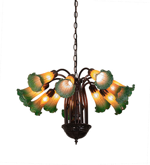 20" Wide Amber/Green Pond Lily 12 Lt Chandelier