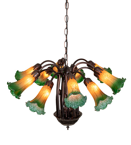 20" Wide Amber/Green Pond Lily 12 Lt Chandelier