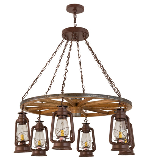 40"W Miners Lantern 6 Lt Wagon Wheel Chandelier