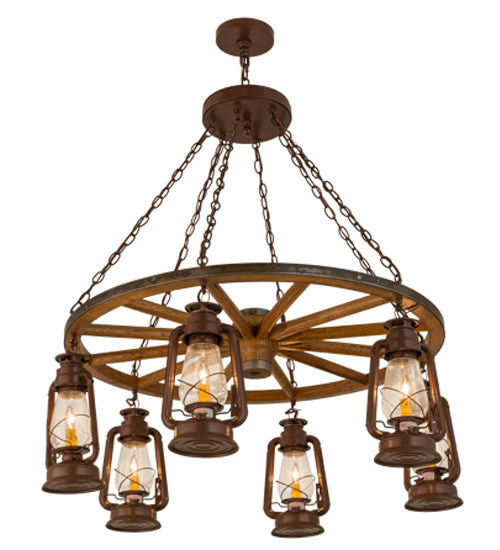 40"W Miners Lantern 6 Lt Wagon Wheel Chandelier