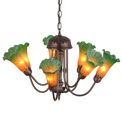 24" Wide Amber/Green Tiffany Pond Lily 7 Lt Chandelier