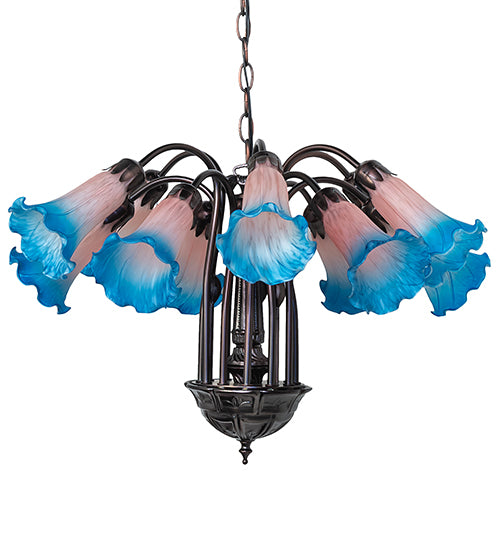 24" Wide Pink/Blue Tiffany Pond Lily 12 Lt Chandelier