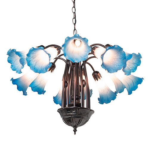 24" Wide Pink/Blue Tiffany Pond Lily 12 Lt Chandelier