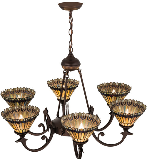 33"W Tiffany Jeweled Peacock 6 Lt Chandelier