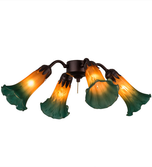 19" Wide Amber/Green Tiffany Pond Lily 4 Light Fan Light