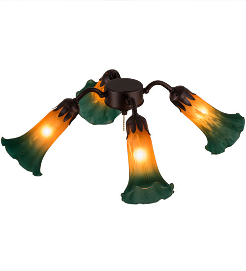 19" Wide Amber/Green Tiffany Pond Lily 4 Light Fan Light