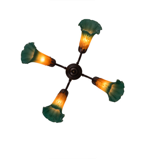 19" Wide Amber/Green Tiffany Pond Lily 4 Light Fan Light