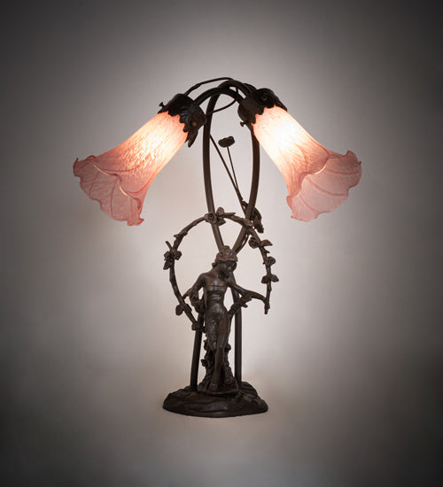 17" High Pink Tiffany Pond Lily 2 Light Trellis Girl Accent Lamp