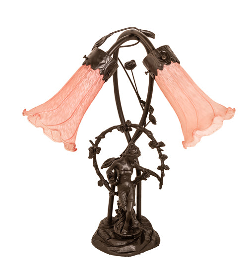 17" High Pink Tiffany Pond Lily 2 Light Trellis Girl Accent Lamp