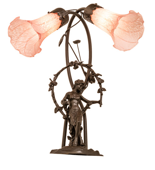 17" High Pink Tiffany Pond Lily 2 Light Trellis Girl Accent Lamp