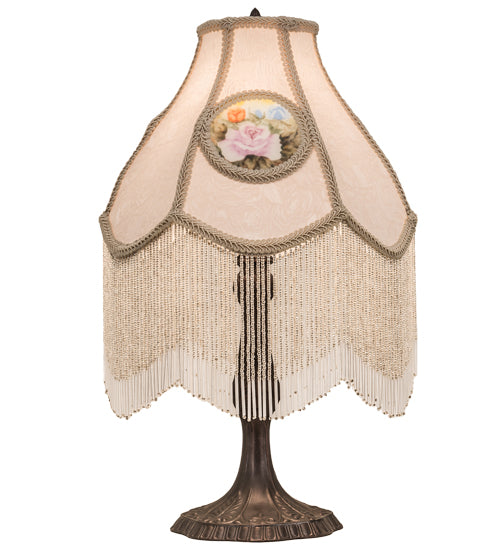 20" High Reverse Painted Roses Fabric With Fringe Table Lamp