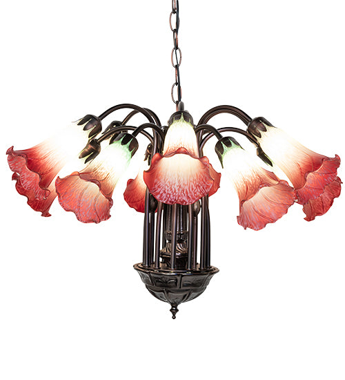 24" Wide Seafoam/Cranberry Tiffany Pond Lily 12 Lt Chandelier