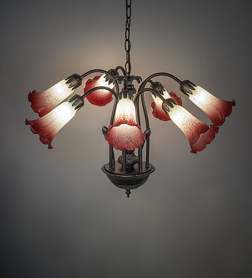 24" Wide Seafoam/Cranberry Tiffany Pond Lily 7 Light Chandelier