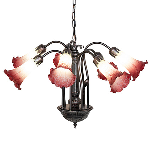 24" Wide Seafoam/Cranberry Tiffany Pond Lily 7 Light Chandelier