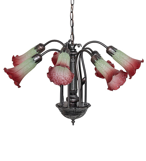 24" Wide Seafoam/Cranberry Tiffany Pond Lily 7 Light Chandelier