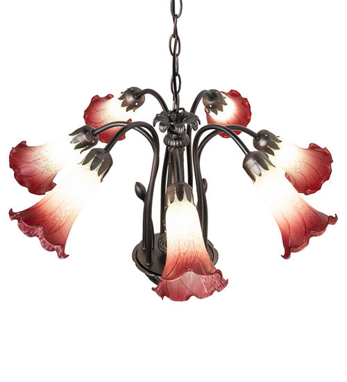 24" Wide Seafoam/Cranberry Tiffany Pond Lily 7 Light Chandelier