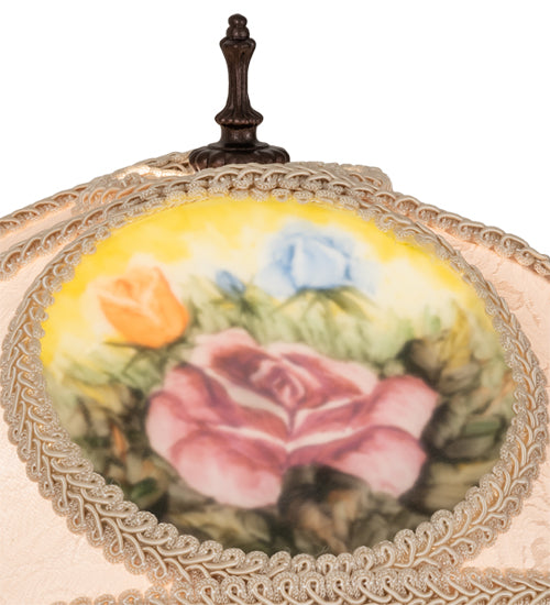 11" High Reverse Painted Roses Fabric With Fringe Accent Lamp