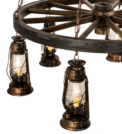 40"W Miners Lantern 6 Lt Wagon Wheel Chandelier