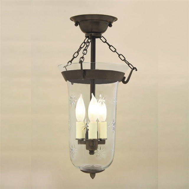 Semi flush elongated bell jar lantern with star glass