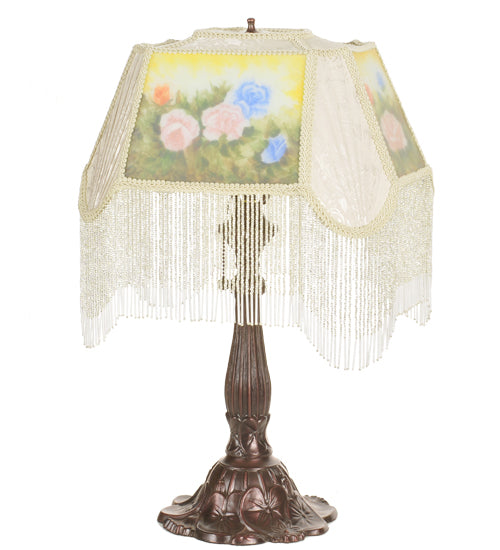 24" High Reverse Painted Roses Fabric With Fringe Accent Lamp