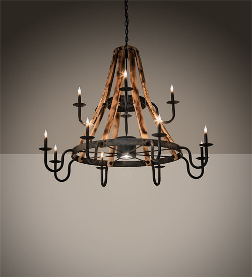 54" Wide Barrel Stave Madera 12 Light Chandelier