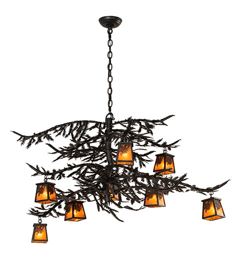 48" Long Pine Branch Winter Pine 8 Light Chandelier