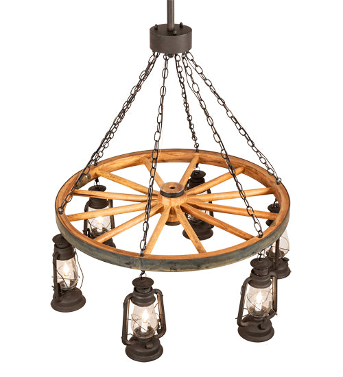 40" Wide Miners Lantern Wagon Wheel 6 Light Chandelier