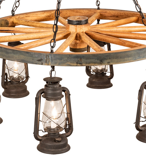 40" Wide Miners Lantern Wagon Wheel 6 Light Chandelier