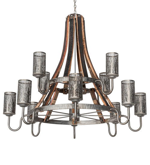 60" Wide Barrel Stave Winter Maple 12 Light Two Tier Chandelier