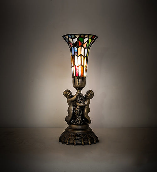 13" High Stained Glass Pond Lily Twin Cherub Mini Lamp