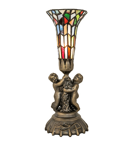 13" High Stained Glass Pond Lily Twin Cherub Mini Lamp