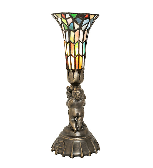 13" High Stained Glass Pond Lily Twin Cherub Mini Lamp