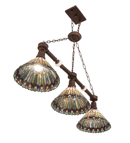 45" Long Tiffany Jeweled Peacock 3 Light Island Pendant