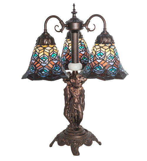 23" High Tiffany Peacock Feather 3 Light Table Lamp