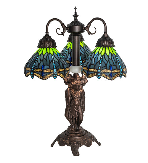 23" High Tiffany Hanginghead Dragonfly 3 Light Table Lamp