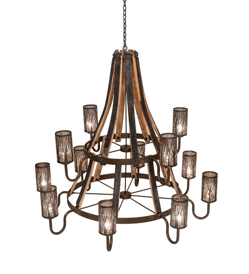 60" Wide Barrel Stave Winter Maple 12 Light Two Tier Chandelier