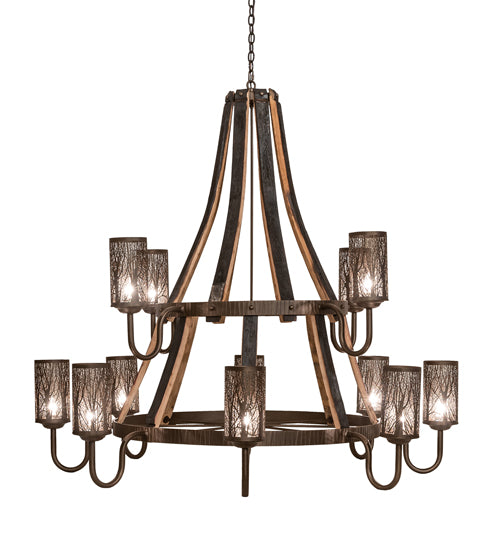 60" Wide Barrel Stave Winter Maple 12 Light Two Tier Chandelier