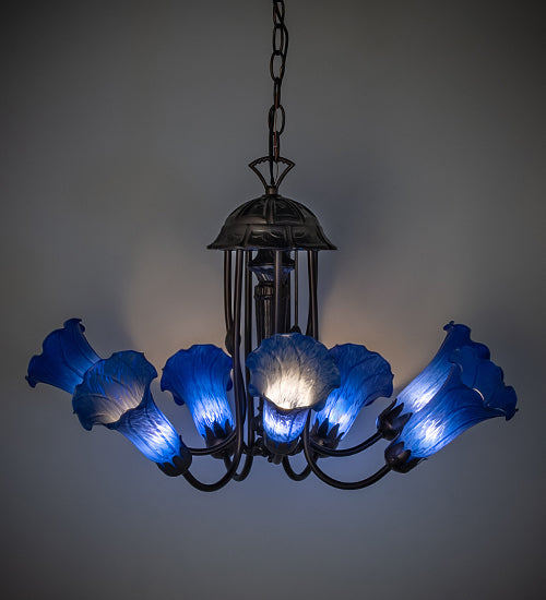 24" Wide Blue Tiffany Pond Lily 7 Light Chandelier