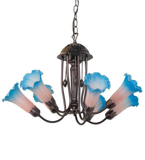 24" Wide Pink/Blue Tiffany Pond Lily 7 Light Chandelier