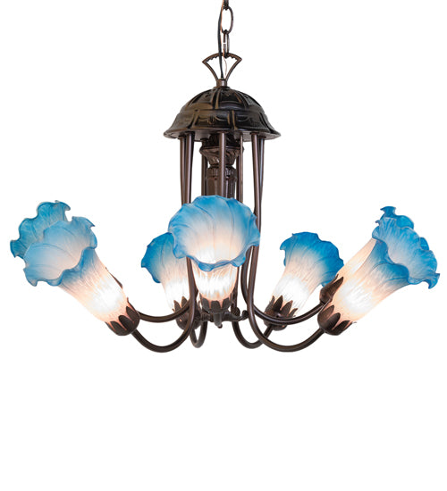 24" Wide Pink/Blue Tiffany Pond Lily 7 Light Chandelier