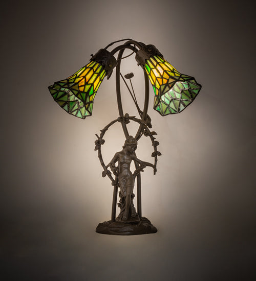 17" High Stained Glass Pond Lily 2 Light Trellis Girl Accent Lamp