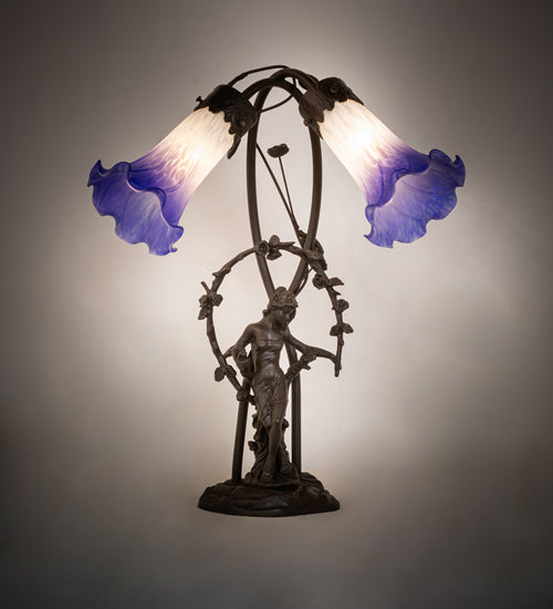 17" High Blue/White Pond Lily 2 Light Trellis Girl Table Lamp